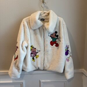 Disney White Fuzzy Jacket with Mickey & Friends Embroidery